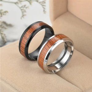 Handsome Men's Stainless Steel Wood Inlaid Black Brown Hypoallergenic Ring Sz 10